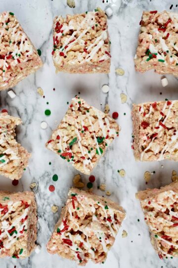Rice Krispy Treats lined 3x3 with Christmas sprinkles