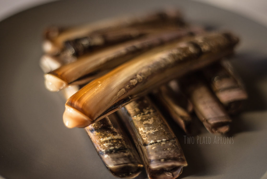 Live razor clams stacked on a gray plate.