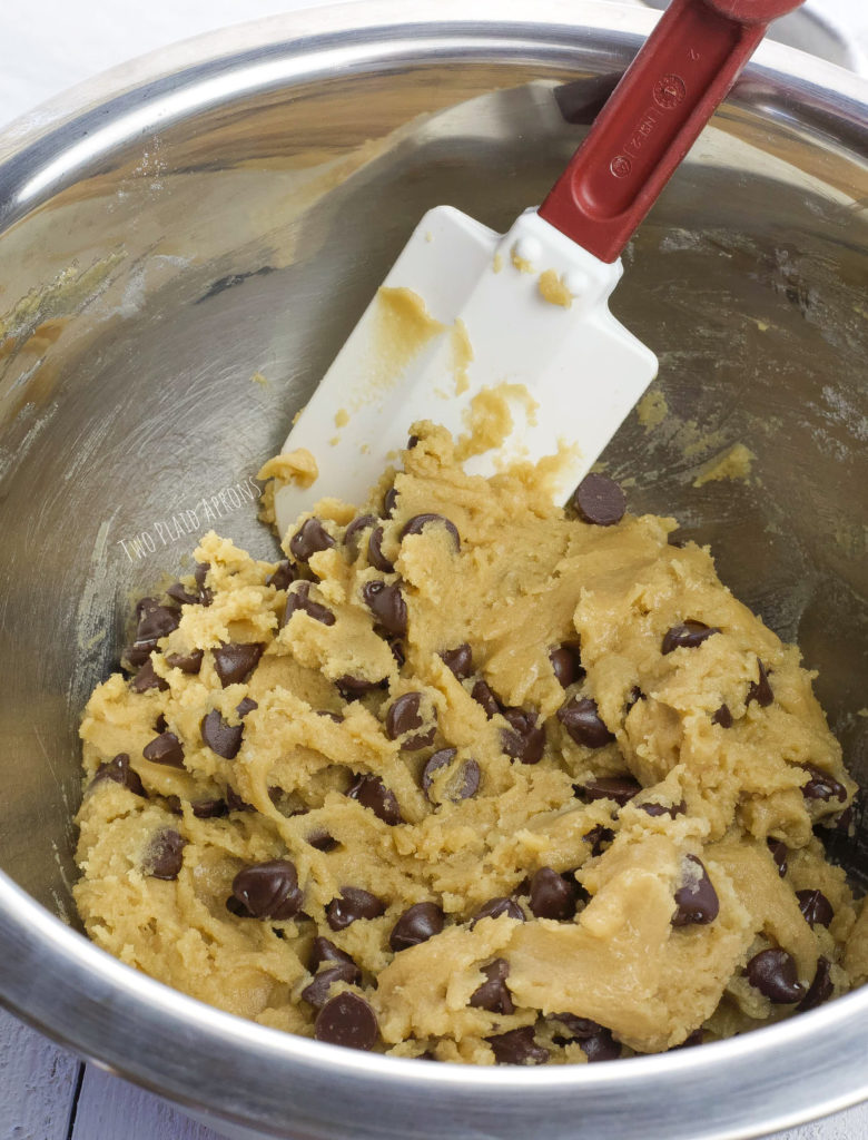 Chocolate chip cookie dough mixed and ready for scooping.
