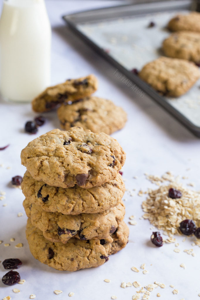 A stack of four cranberry chocolate oatmeal cookies.