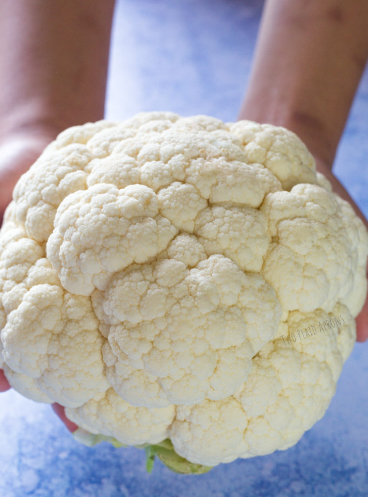 Holding a head of cauliflower in both hands.