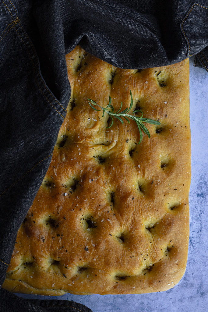 Top down view our easy classic rosemary focaccia.