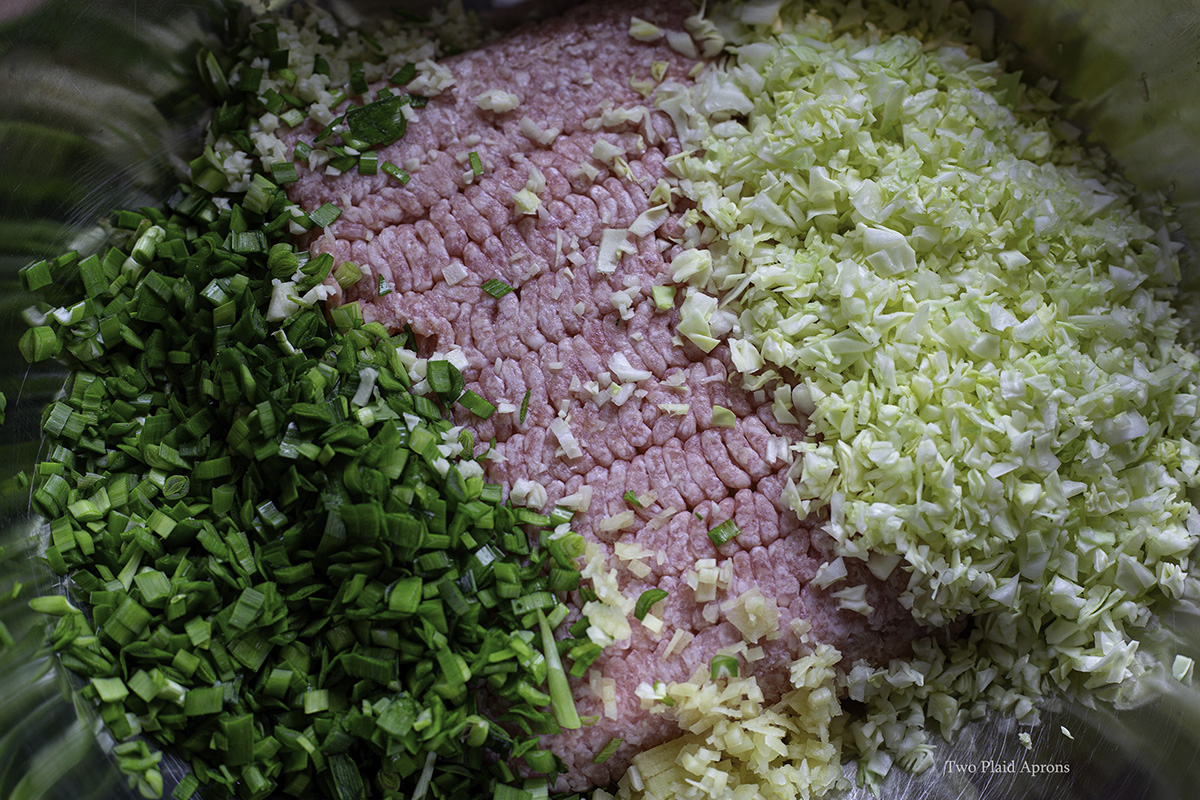 Main ingredients for pork dumplings: ground pork, asian chives, and cabbage.