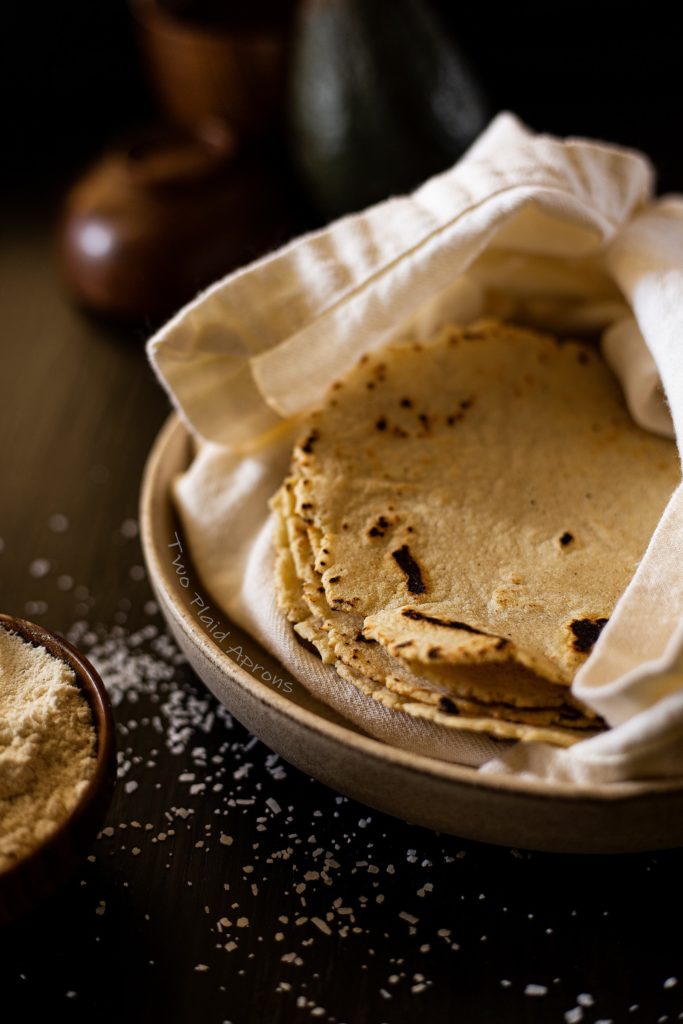 A close up shot of our 3 ingredient corn tortilla in clean linen.