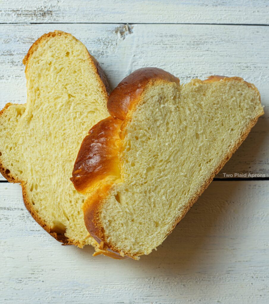 Two thick slices of brioche for French toast.