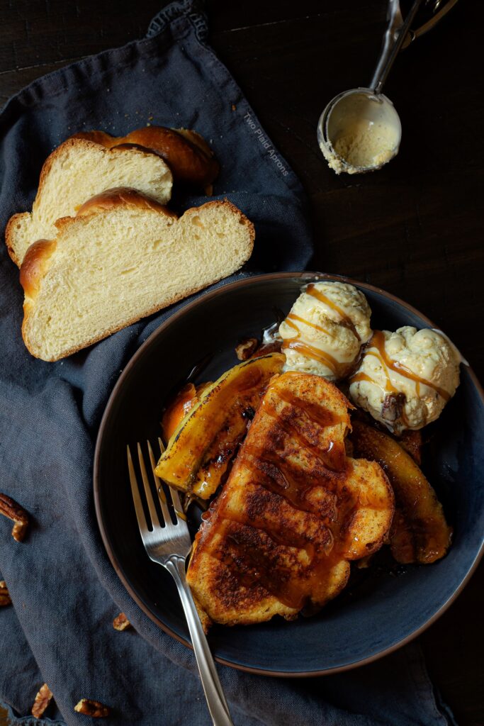 Top down shot of Bananas Foster French Toast.