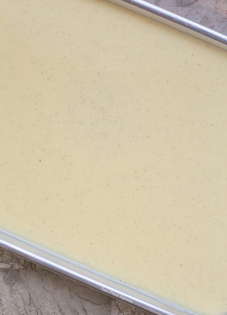 Ice cream base on a sheet pan ready to be chilled.