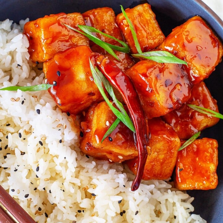 Pan-fried General Tso's Tofu with white rice.