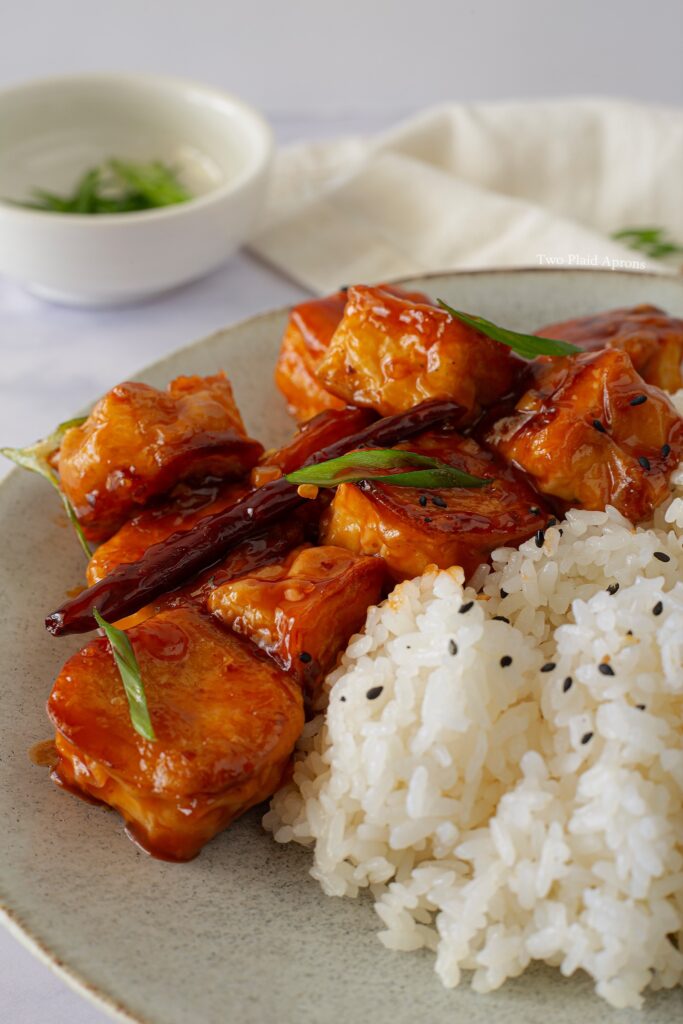 Baked General Tso's Tofu with white rice.