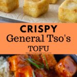 Pin of pan-fried tofu and General Tso's Tofu with white rice.