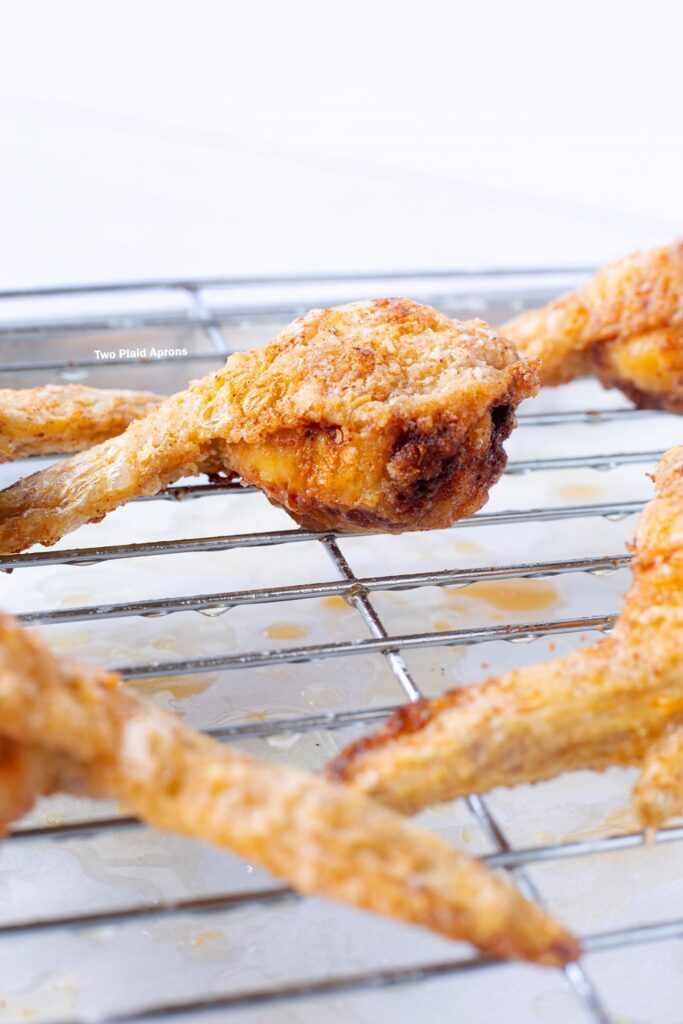 Letting the wing gyozas drain on a wire rack.