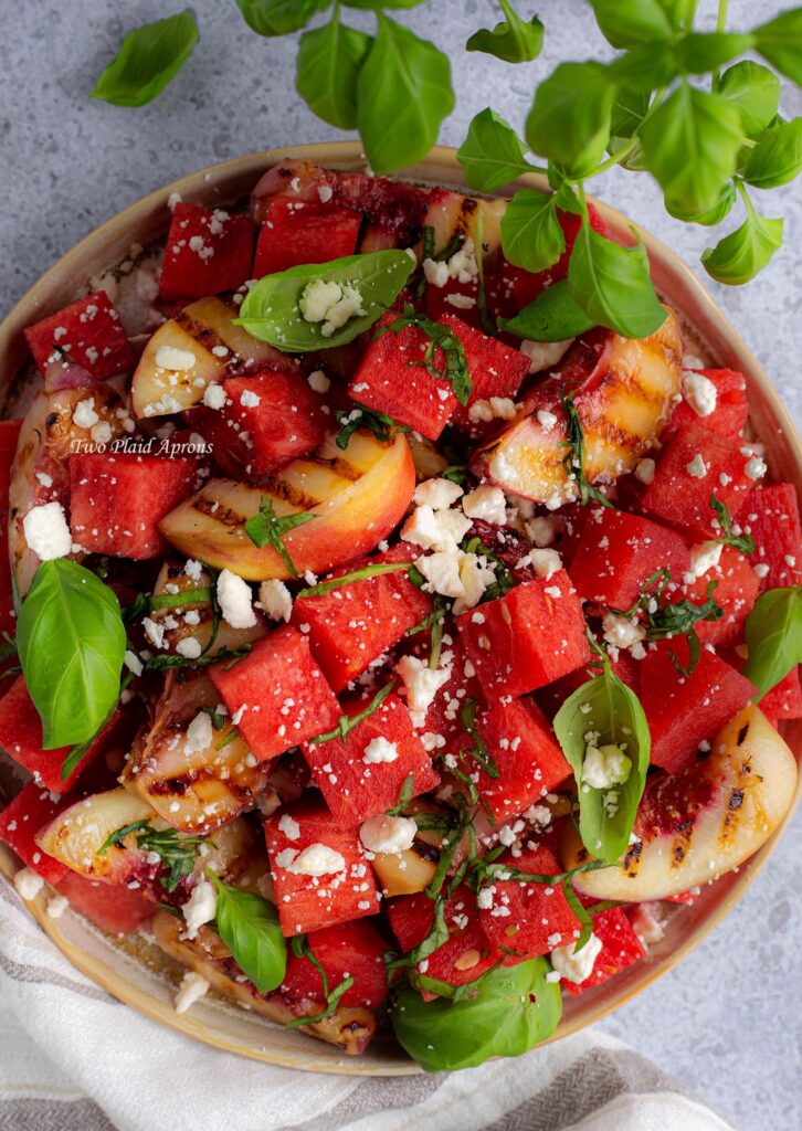 Top down view of the watermelon and grilled peach salad without balsamic