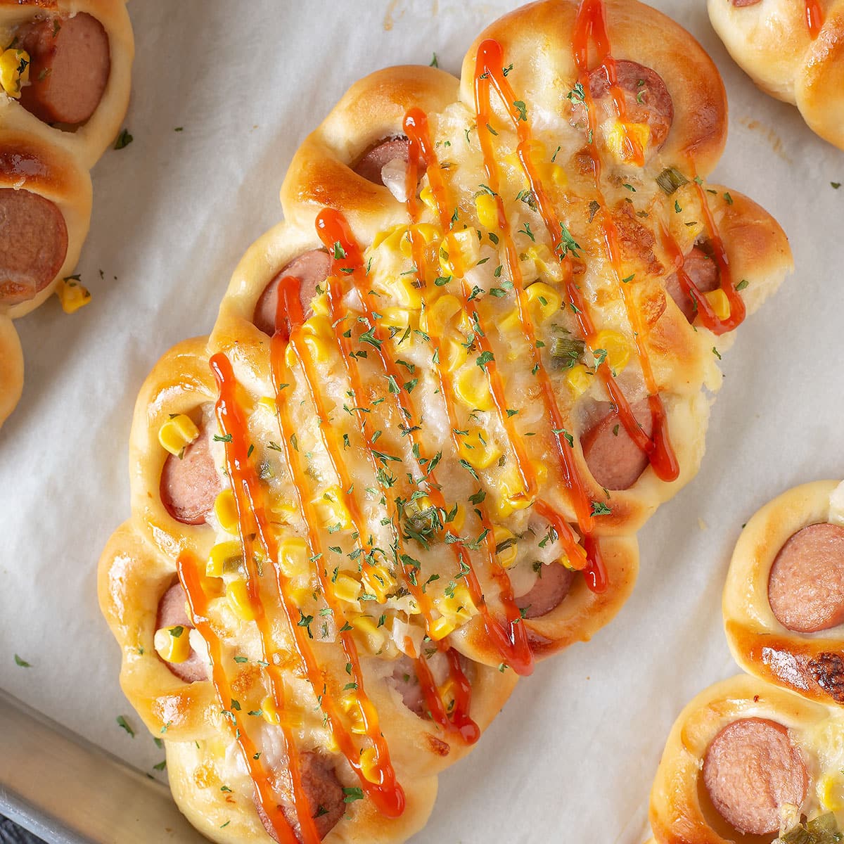 Korean Sausage bread on the pan close up.