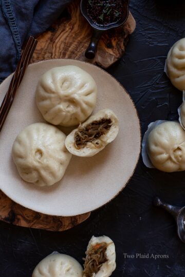 Top down view of vegetarian bao buns (Korean style).