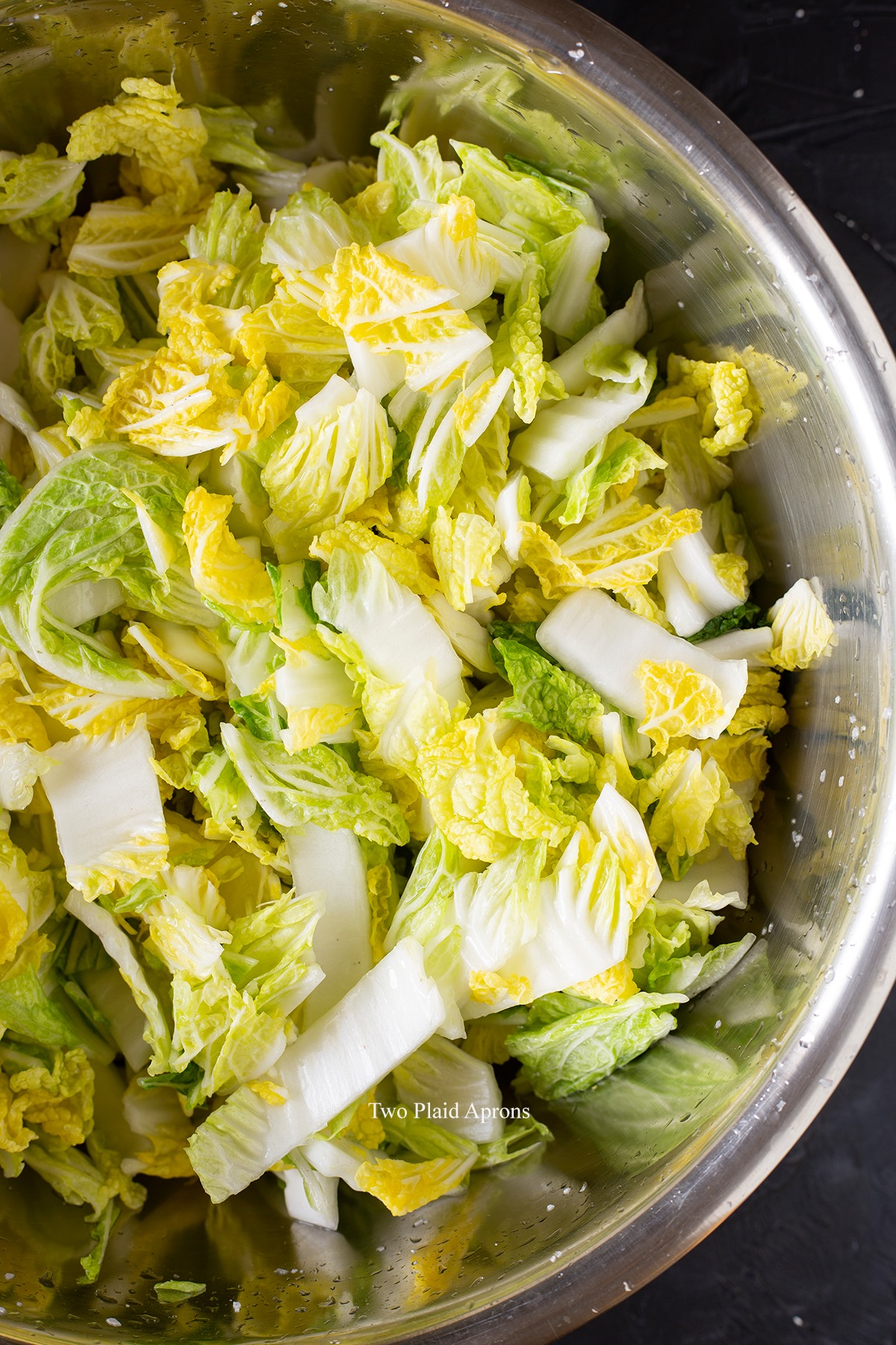 Napa cabbage in a bowl, beginning salting process.