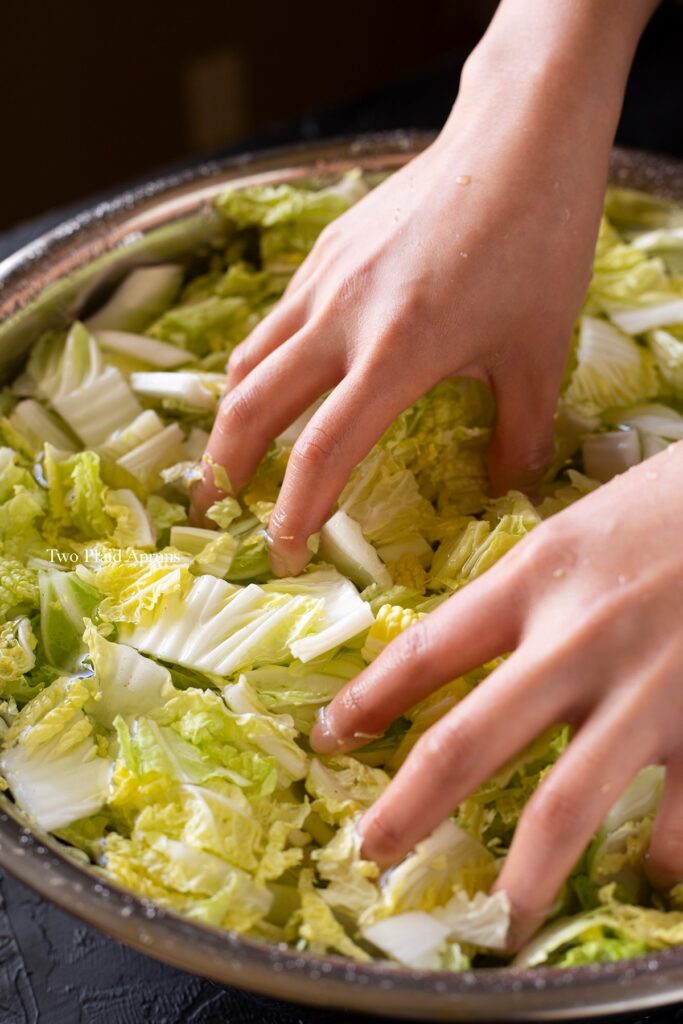 Washing cut napa cabbage in a bowl of water.