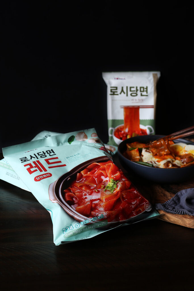 Showing two versions of the Rothy vermicelli noodles with vermicelli tteokbokki in background.