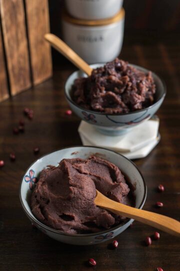 Showing a bowl of anko, or fine red bean paste.