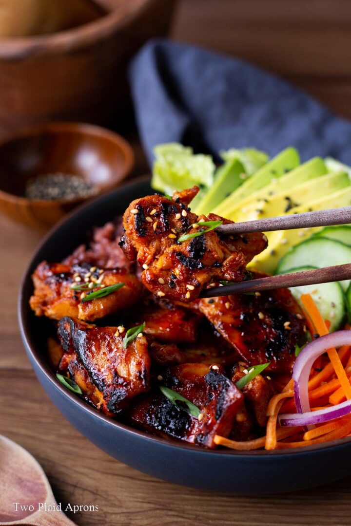 Spicy Korean BBQ Chicken Rice Bowl | Two Plaid Aprons