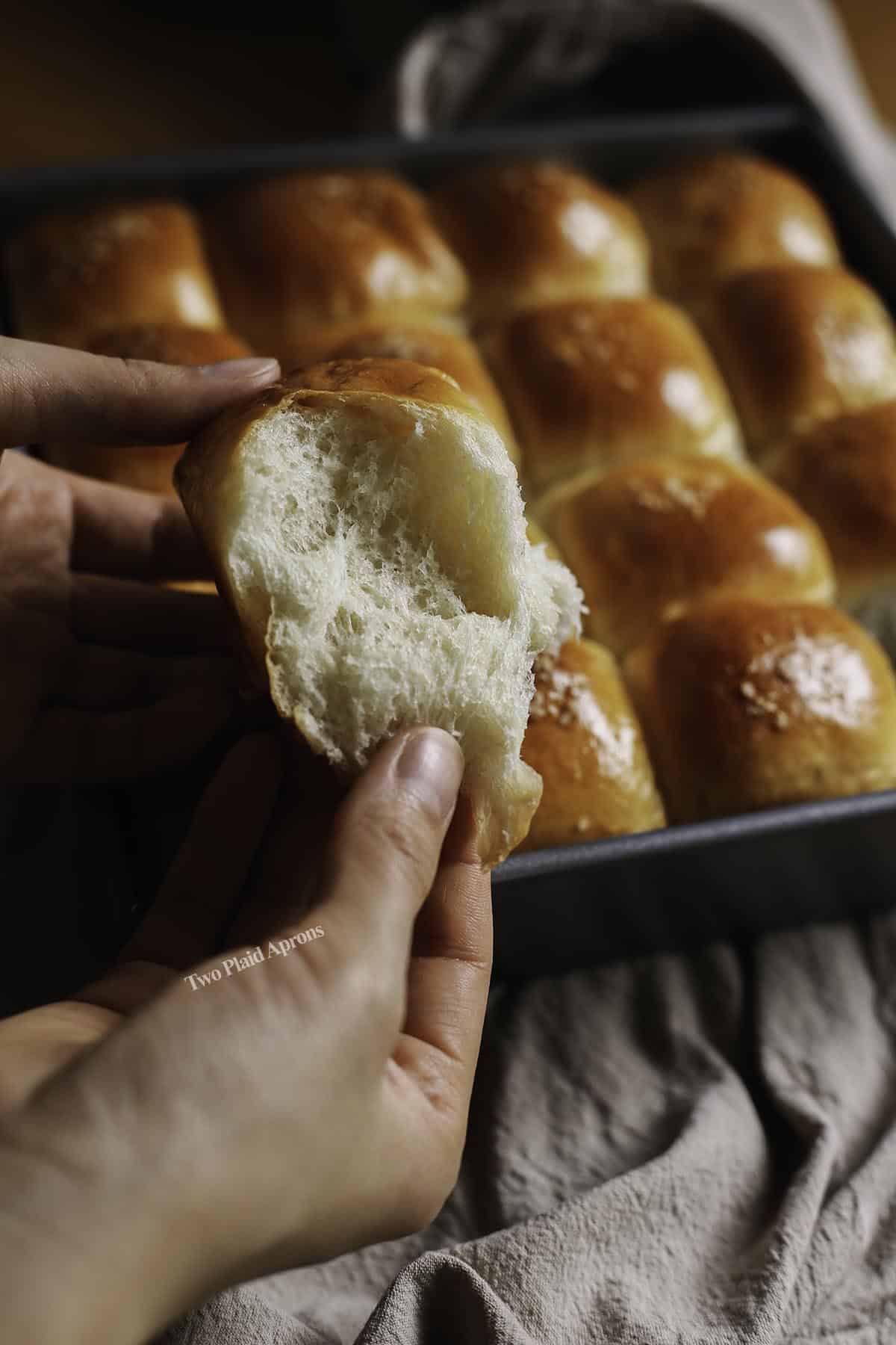Showing fluffy interior of milk bread made with tangzhong.