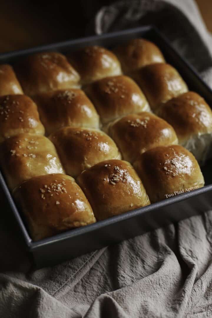 Japanese milk bread dinner rolls in a pan.