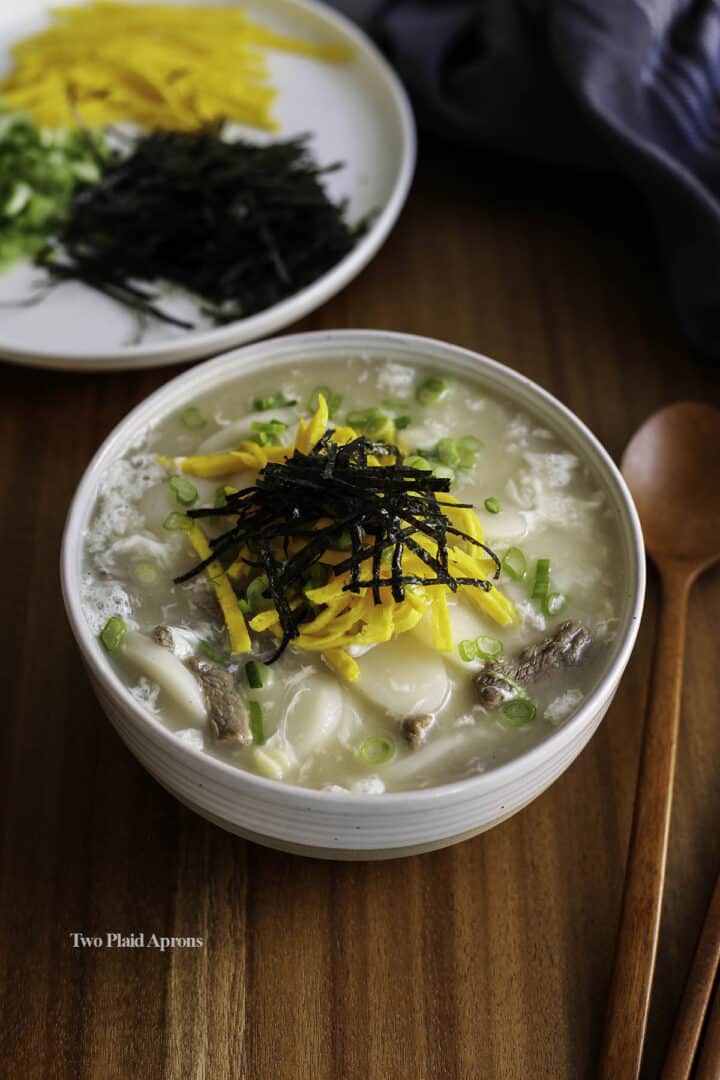 Easy Dduk Guk with Beef (Korean Rice Cake Soup) Two Plaid Aprons