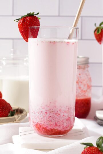 Close up of a glass of fresh strawberry milk.