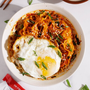 10 minute kimchi chili oil ramen in a bowl.