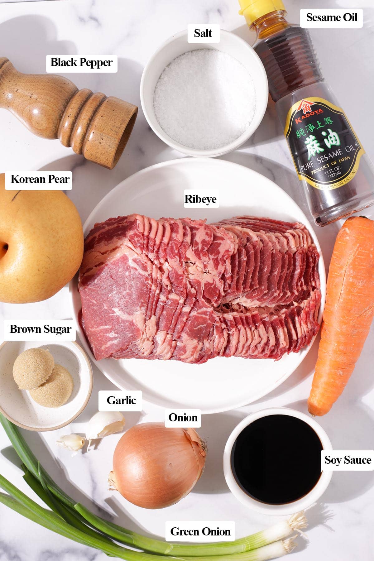Ingredients to make Korean beef bulgogi with vegetables.