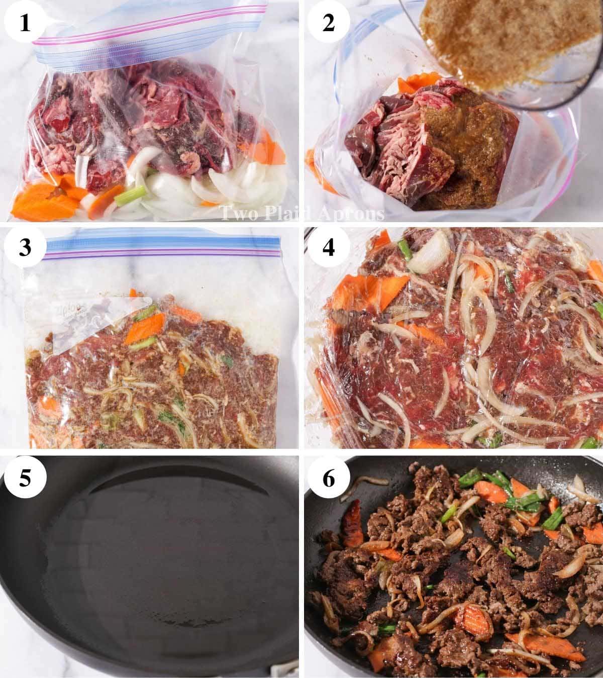 Step by step of marinating and cooking beef bulgogi.