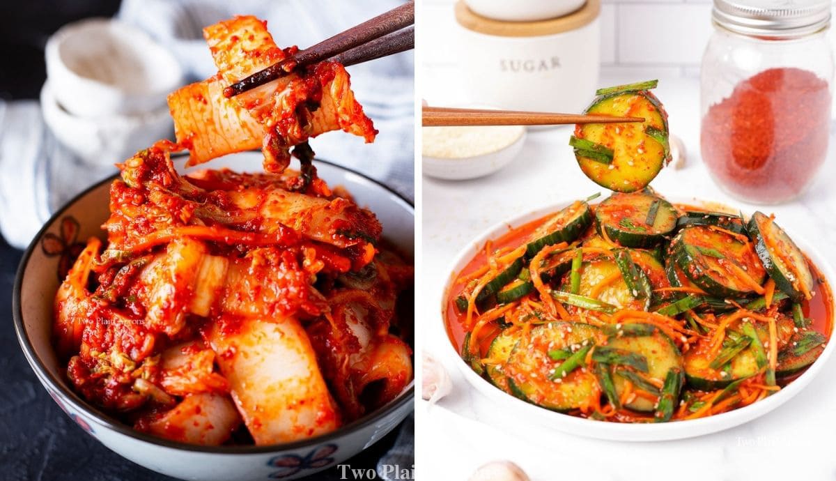 Fresh kimchi on the left and cucumber kimchi on the right.