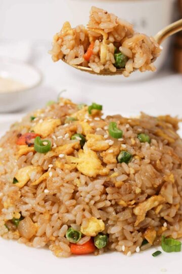 A mound of egg fried rice on a plate.