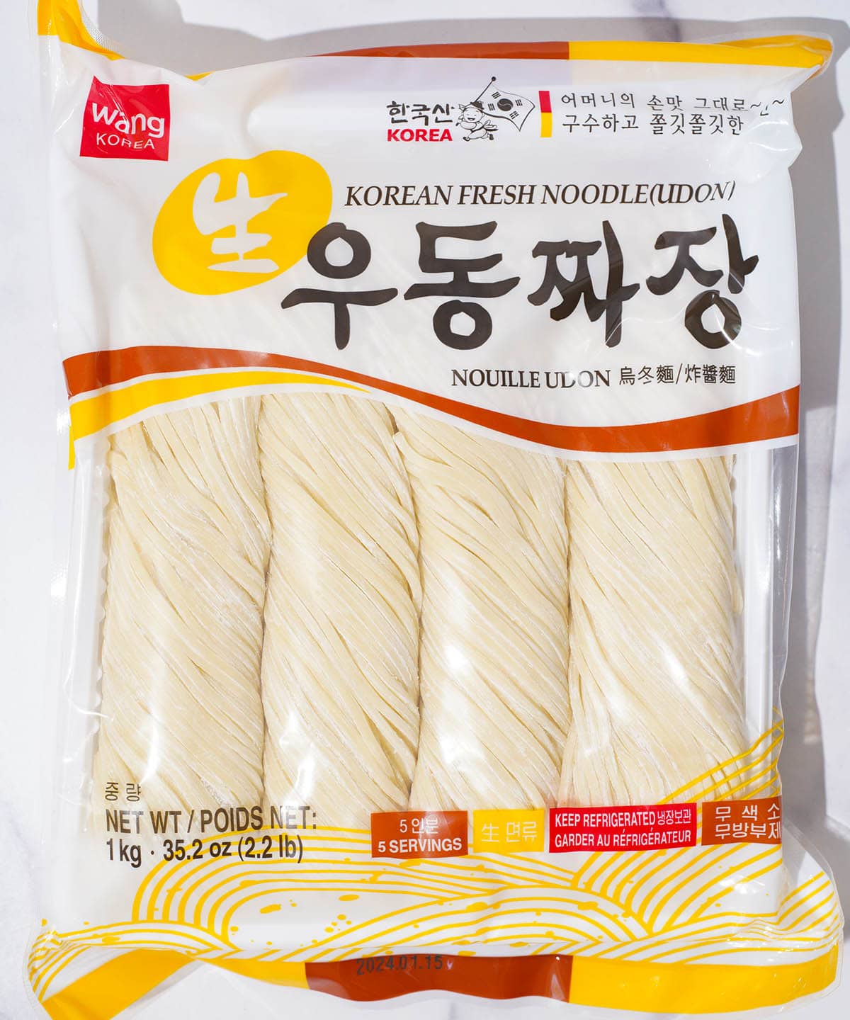 A package of Wang Korea brand Korean fresh noodles.