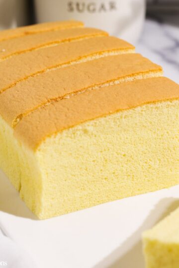 Close up view of Taiwanese castella cake sliced.
