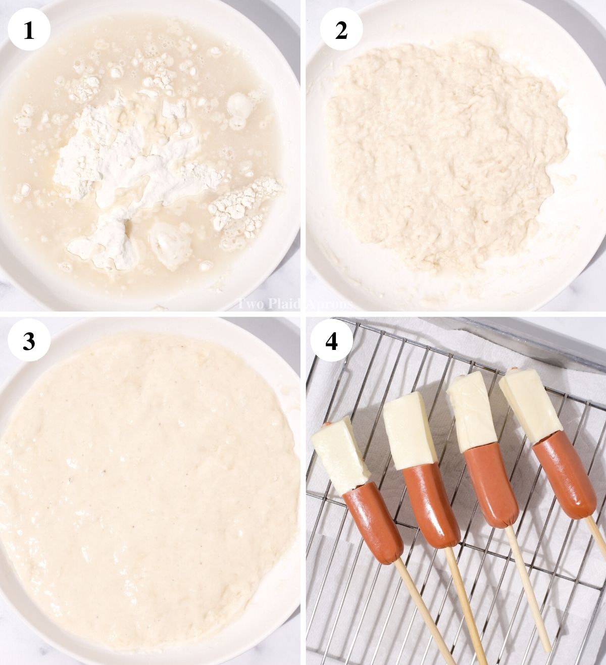 Step by step of making the yeast batter and assembling cheese corn dogs.