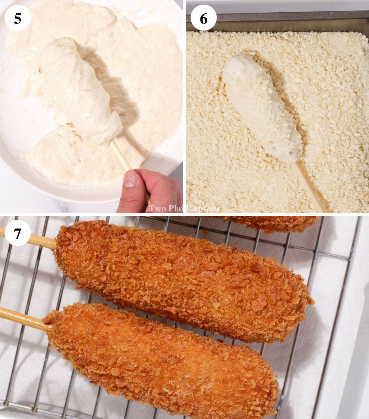 Step by step of battering and frying corn dogs.