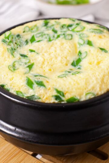 Korean volcano steamed egg in earthenware bowl.