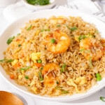 A plate of better than takeout shrimp fried rice made at home.
