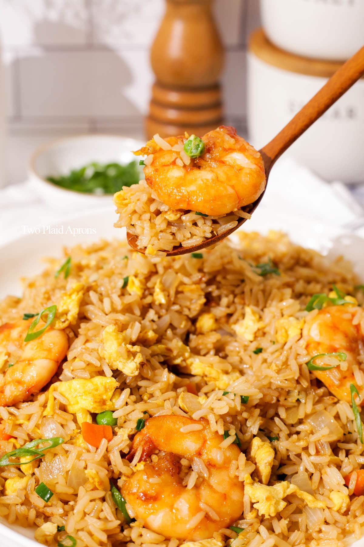 Picking up a spoonful of shrimp fried rice.
