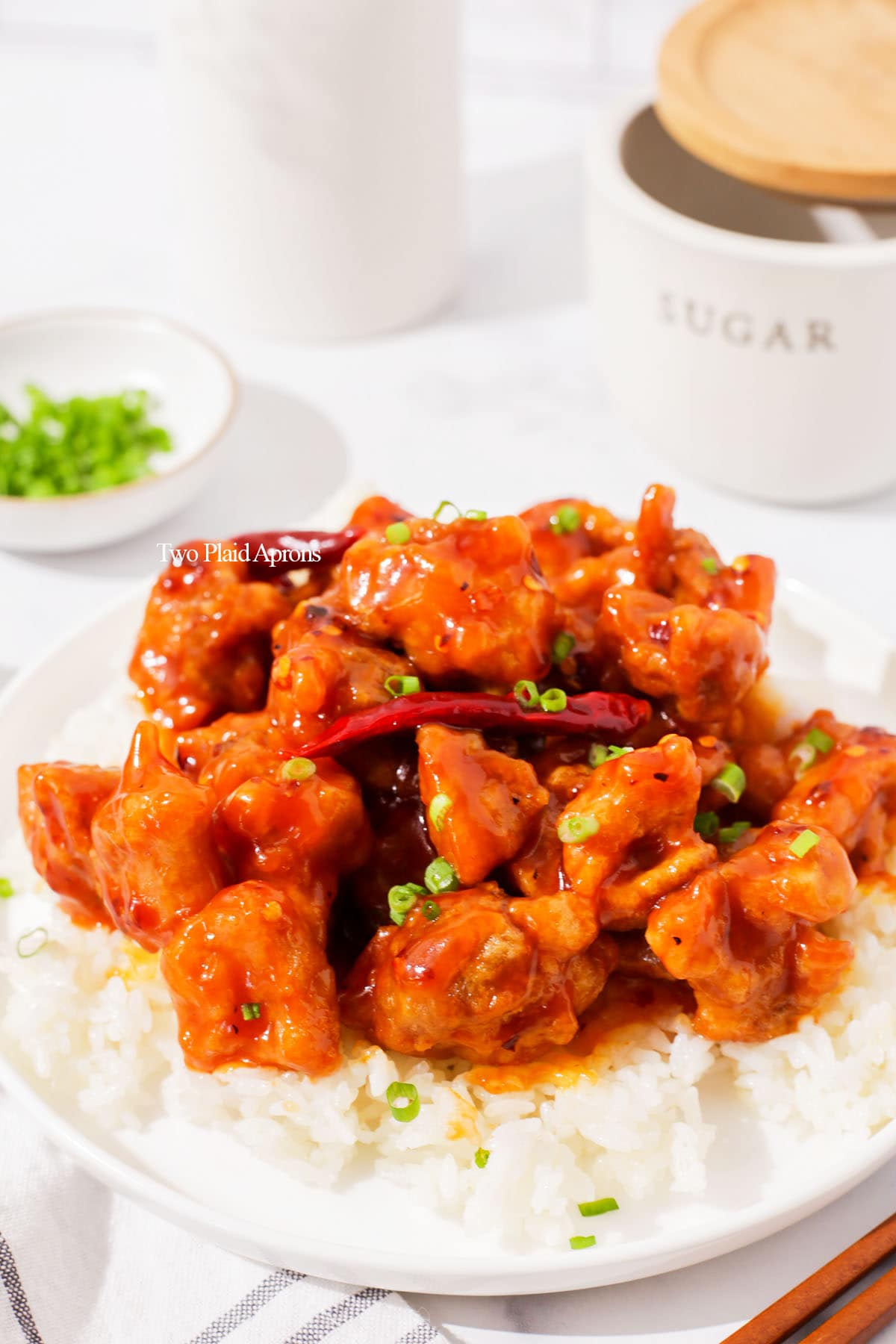 General tso chicken on bed of rice.