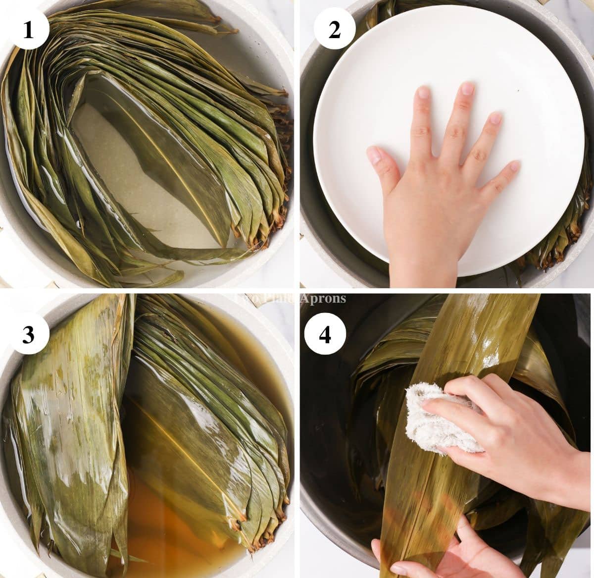 Steps to soak and clean the bamboo leaves for zongzi.