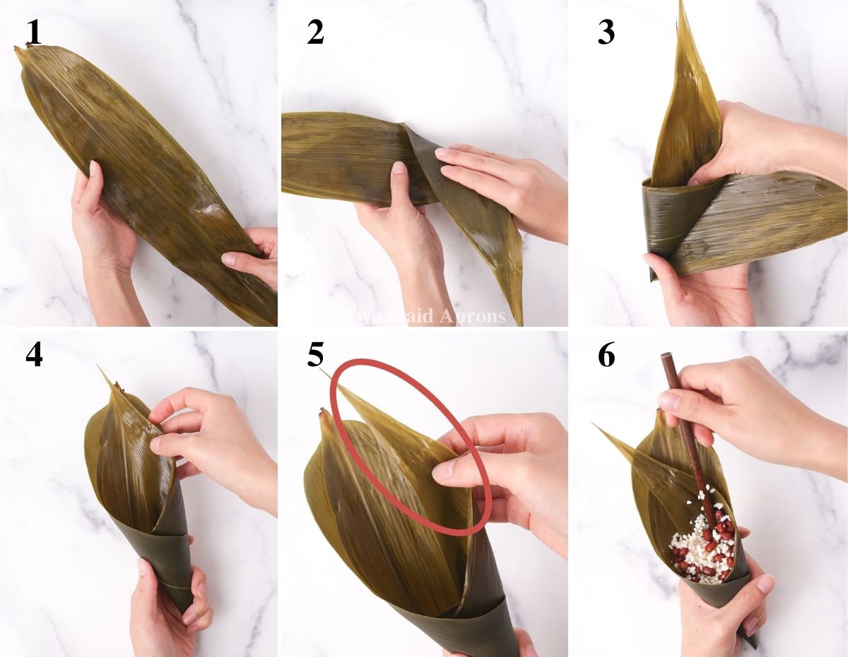 Steps-1-6 to fill and wrap the zongzi with red beans.