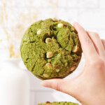 Holding the matcha white chocolate cookie thumbnail.
