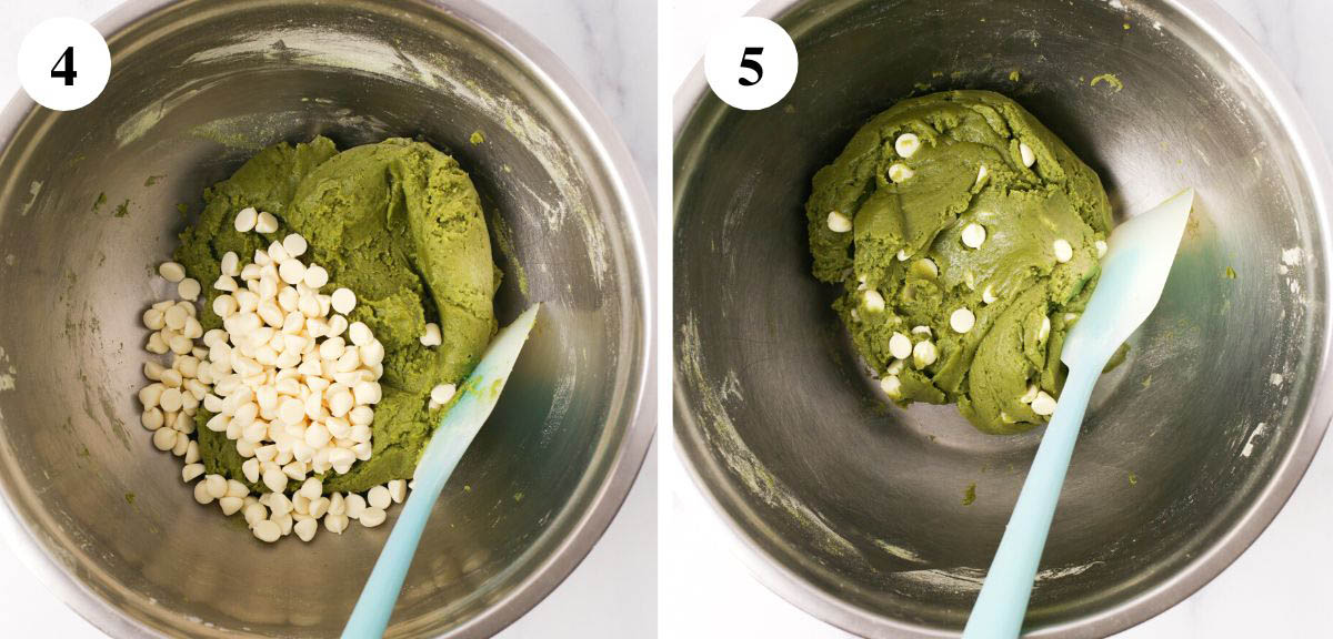 Steps of adding white chocolate to the matcha cookie batter.