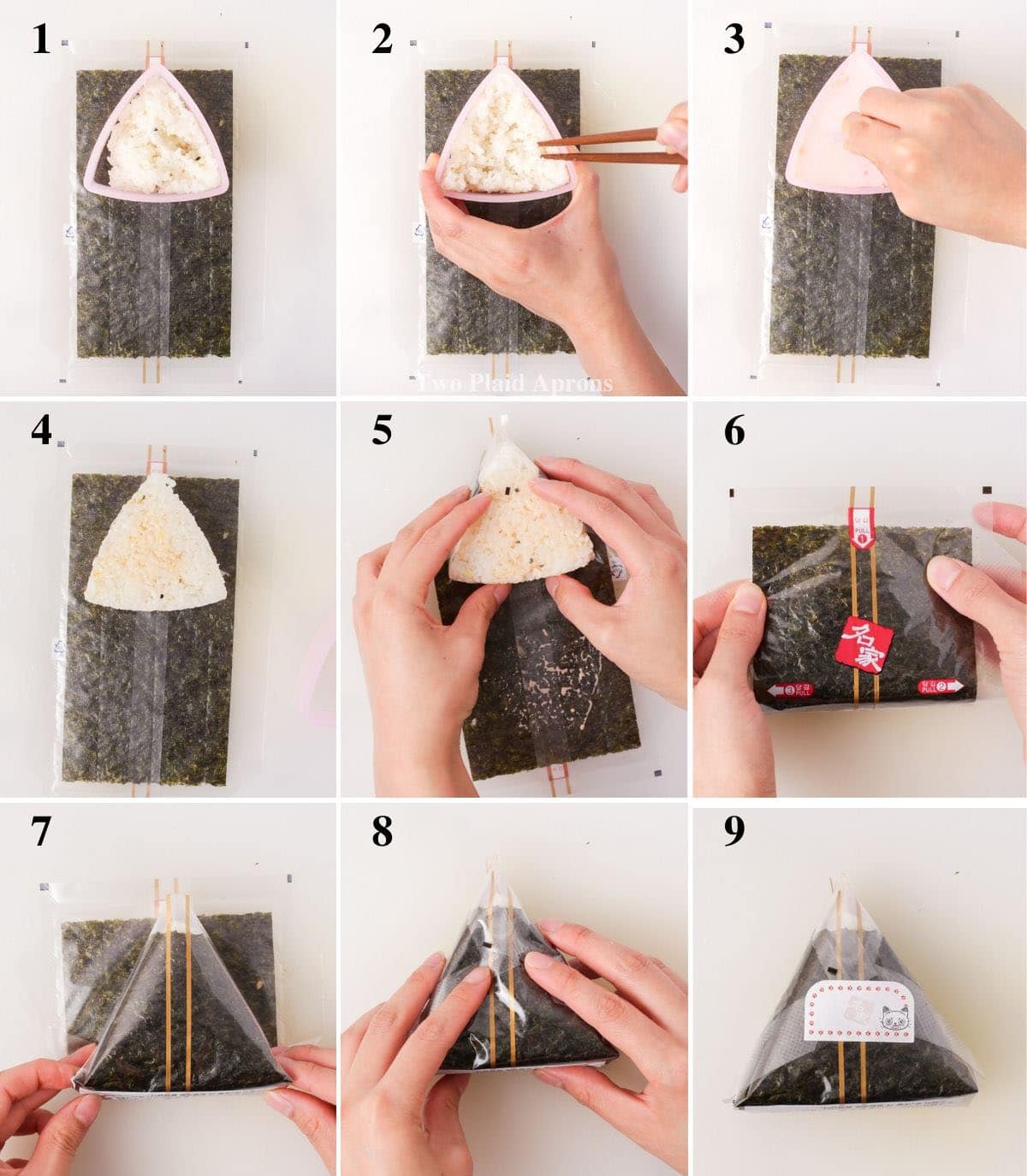 Steps to wrap spicy tuna onigiri with mold and wrapper.