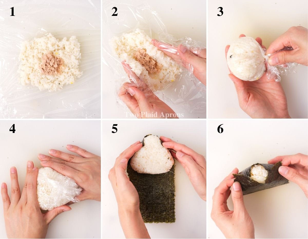 Steps to wrap spicy tuna onigiri without mold and wrapper.