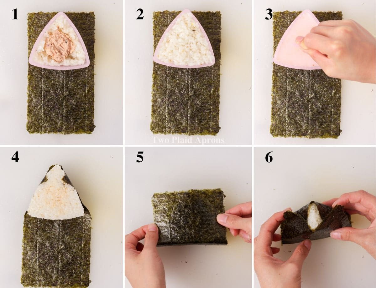 Steps to wrap spicy tuna onigiri with mold.