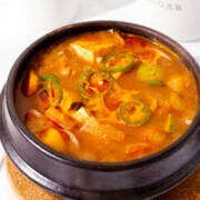 Korean soybean paste stew in a clay pot.