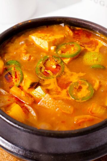 Korean soybean paste stew in a clay pot.