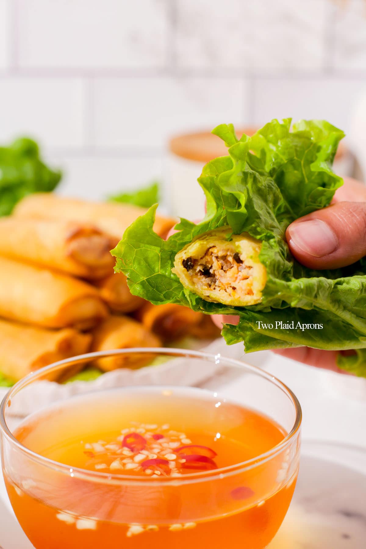 Showing the inside of the Vietnamese egg rolls.